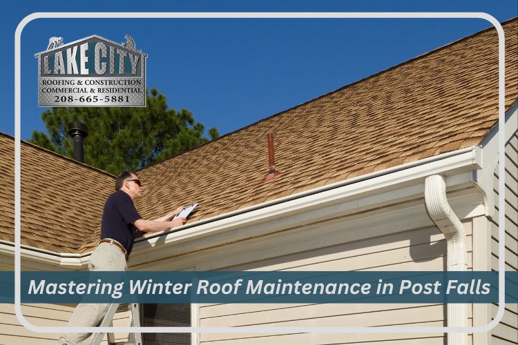 Professional roofing contractor conducting a winter maintenance check in Post Falls
